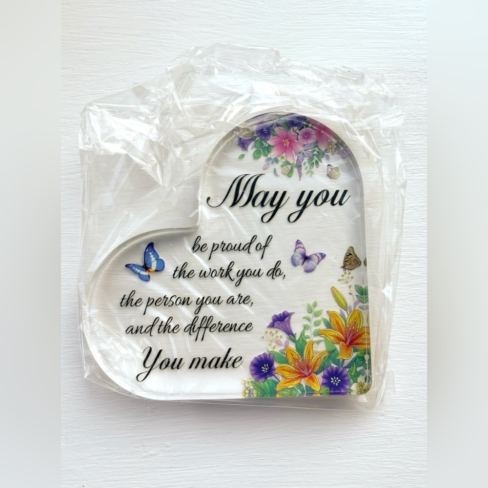Acrylic heart with flowers butterflies decals and inspirational quote new in box